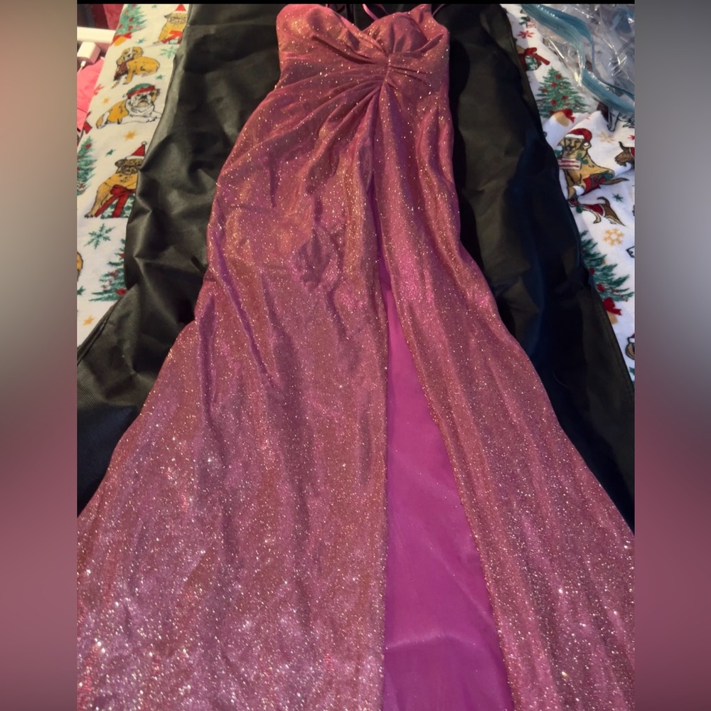 Portia and Scarlett strappy pink glittery slit prom dress